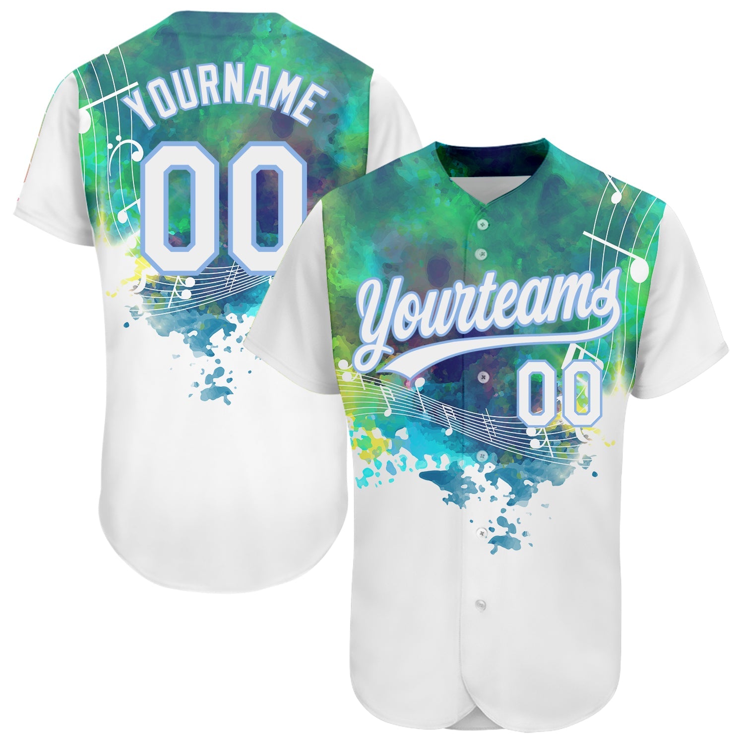 Custom White Light Blue 3D Pattern Design Music Festival Abstract Colorful Music Grunge Style Authentic Baseball Jersey - Main View