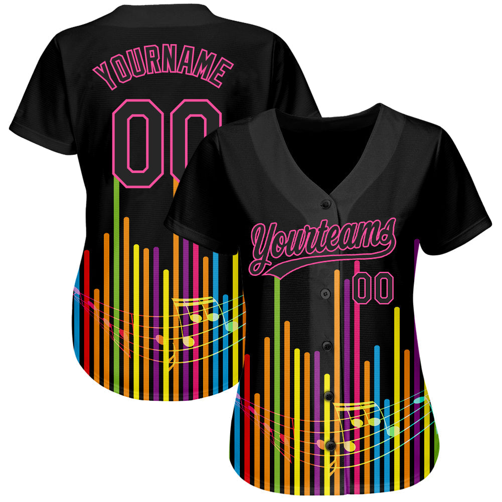 Custom Black Pink 3D Pattern Design Music Festival Abstract Music Soundwave Authentic Baseball Jersey view 2