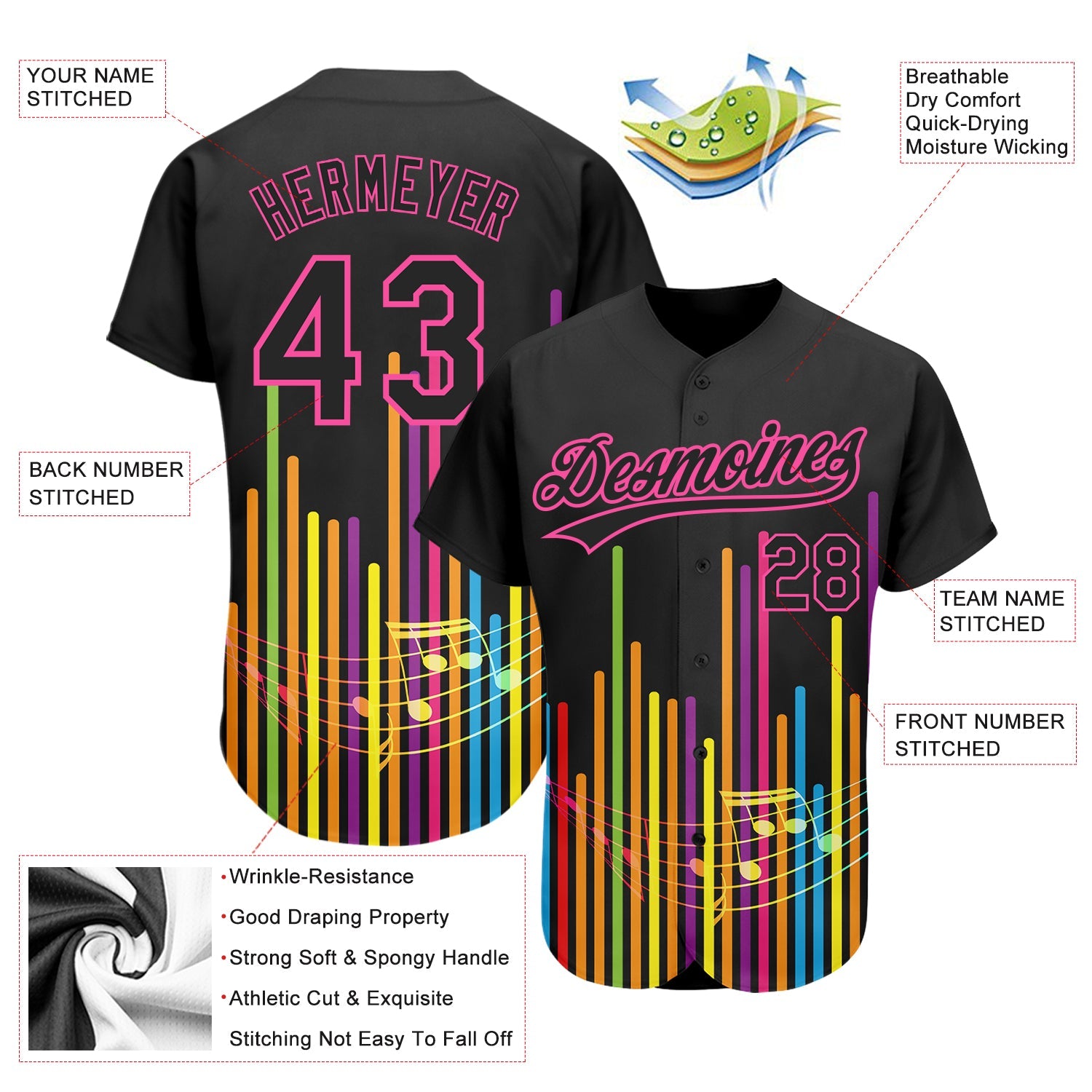 Custom Black Pink 3D Pattern Design Music Festival Abstract Music Soundwave Authentic Baseball Jersey view 3