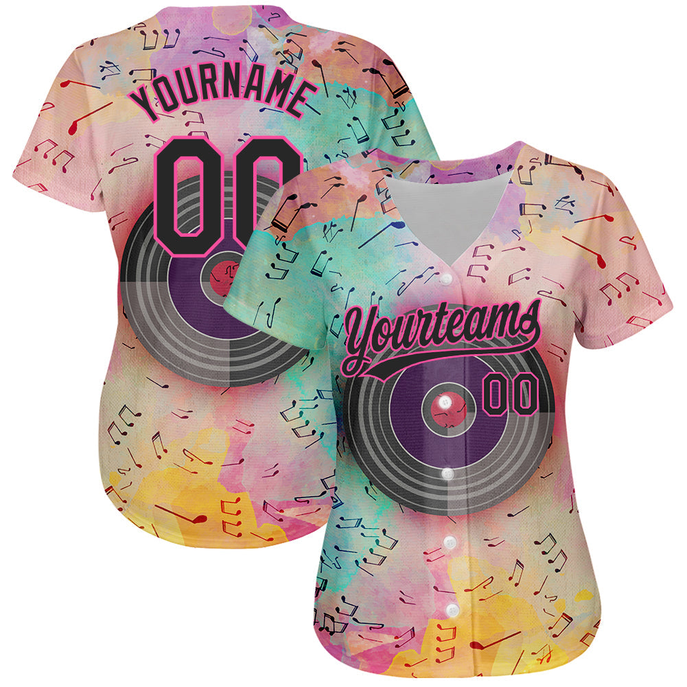 Custom Pink Black 3D Pattern Design Music Festival Watercolor Colored Musical Notes Authentic Baseball Jersey view 2
