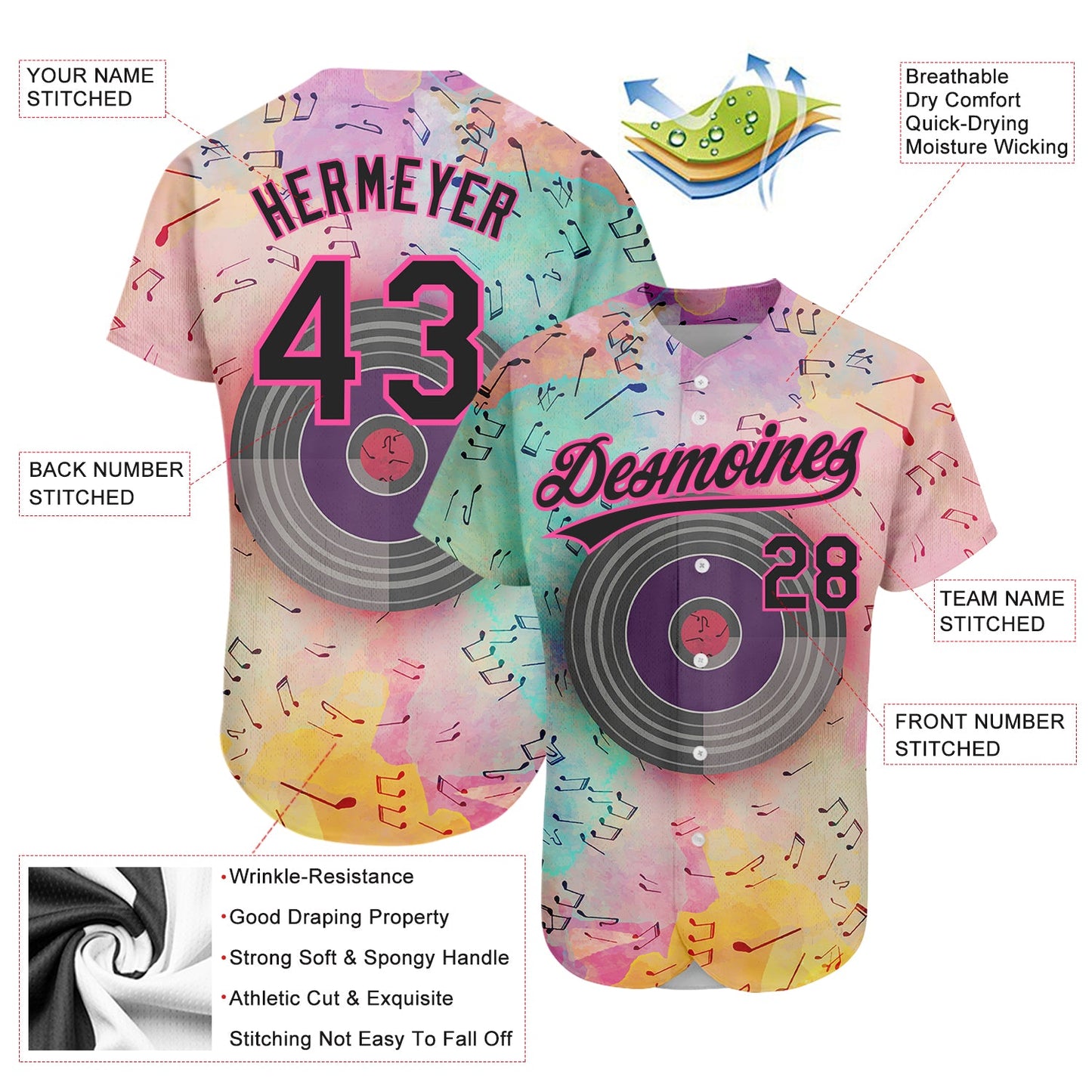 Custom Pink Black 3D Pattern Design Music Festival Watercolor Colored Musical Notes Authentic Baseball Jersey view 3