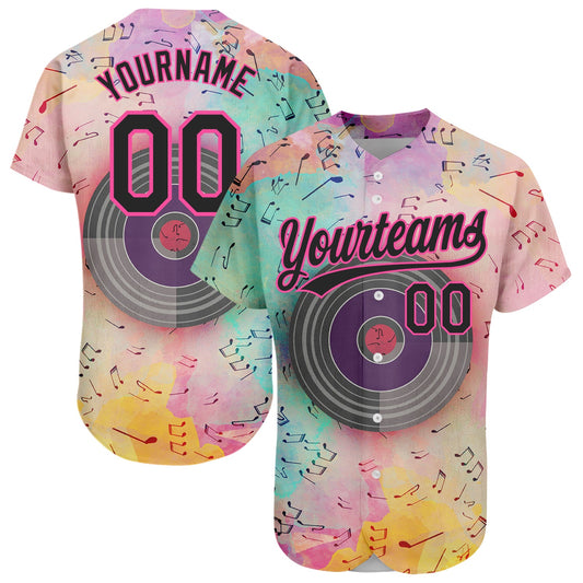 Custom Pink Black 3D Pattern Design Music Festival Watercolor Colored Musical Notes Authentic Baseball Jersey - Main View