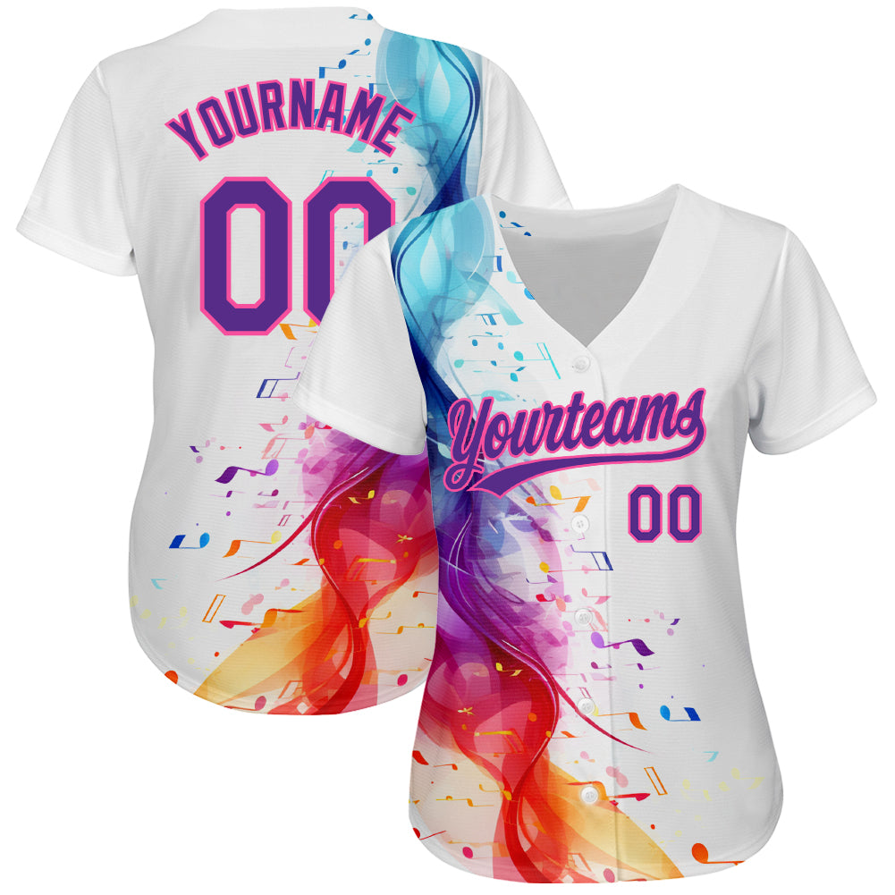 Custom White Purple-Pink 3D Pattern Design Music Festival Colorful Musical Notes Authentic Baseball Jersey view 2