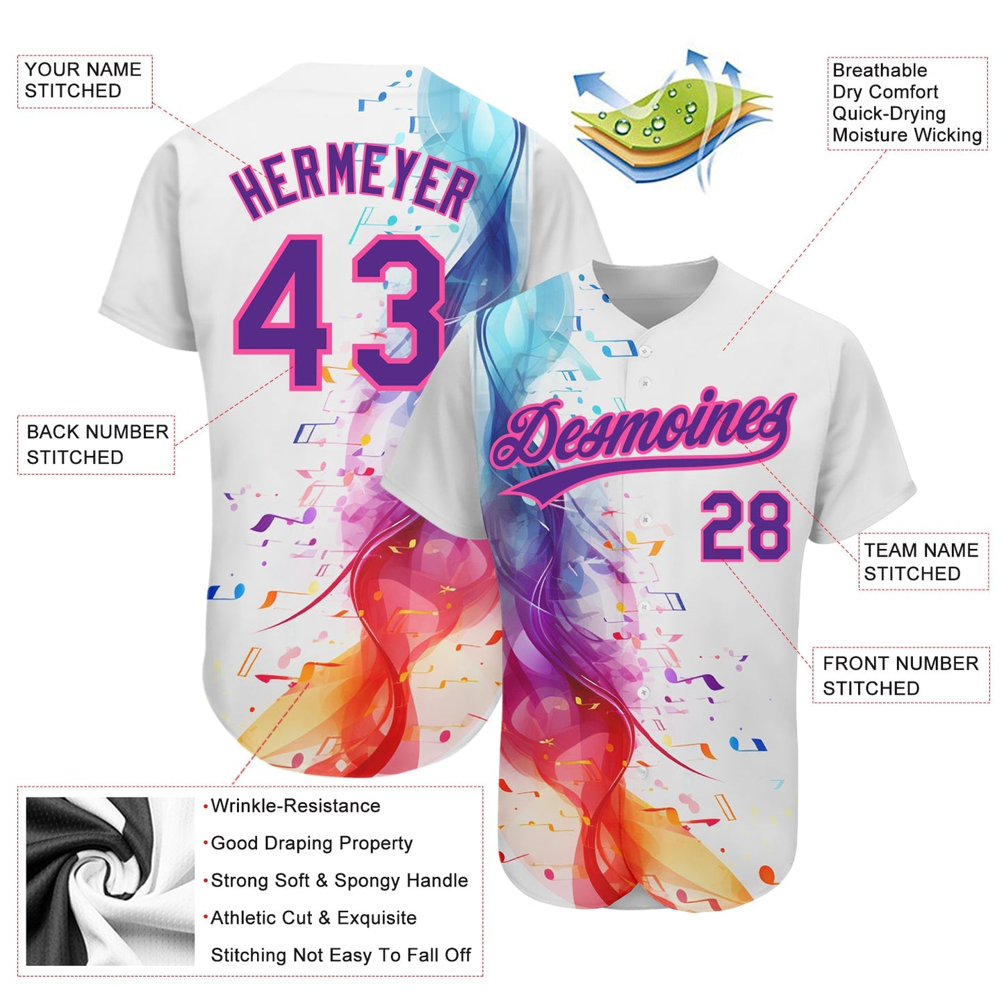 Custom White Purple-Pink 3D Pattern Design Music Festival Colorful Musical Notes Authentic Baseball Jersey view 3