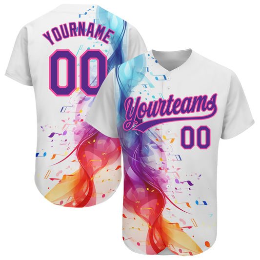 Custom White Purple-Pink 3D Pattern Design Music Festival Colorful Musical Notes Authentic Baseball Jersey - Main View
