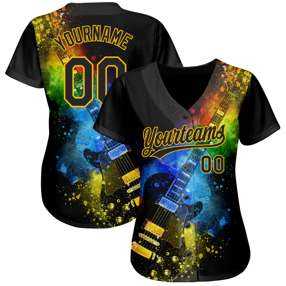 Custom Black Gold 3D Pattern Design Music Festival Guitar With Psychedelic Colors Authentic Baseball Jersey view 2