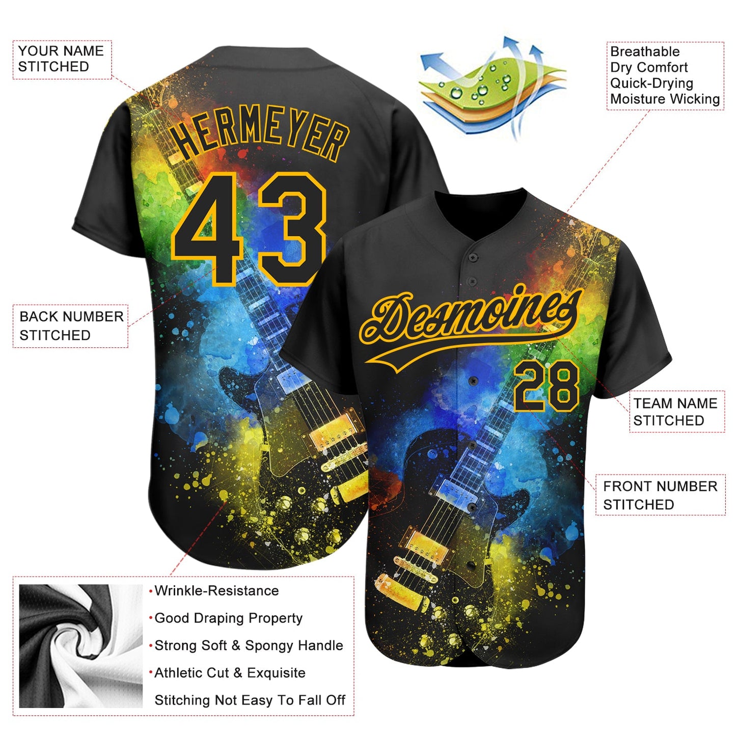 Custom Black Gold 3D Pattern Design Music Festival Guitar With Psychedelic Colors Authentic Baseball Jersey view 3