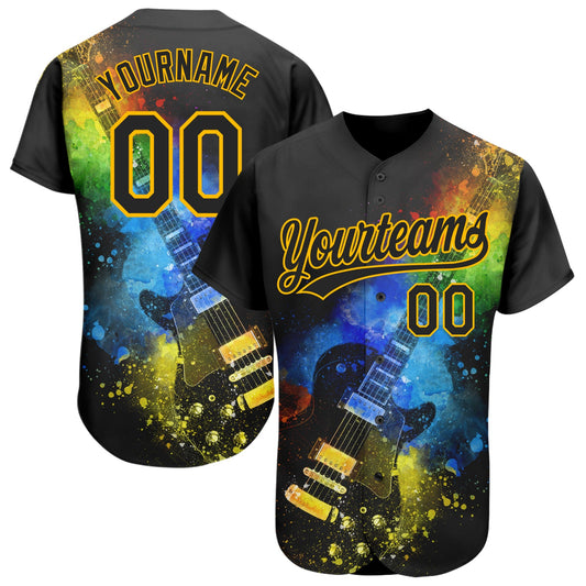 Custom Black Gold 3D Pattern Design Music Festival Guitar With Psychedelic Colors Authentic Baseball Jersey - Main View