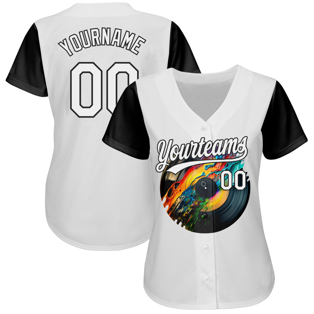 Custom White Black 3D Pattern Design Music Festival Record With Colorful Splatter Authentic Baseball Jersey view 2