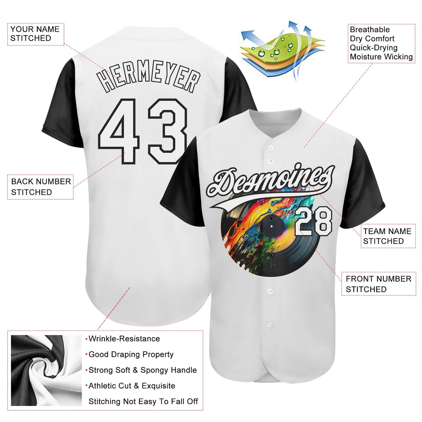 Custom White Black 3D Pattern Design Music Festival Record With Colorful Splatter Authentic Baseball Jersey view 3