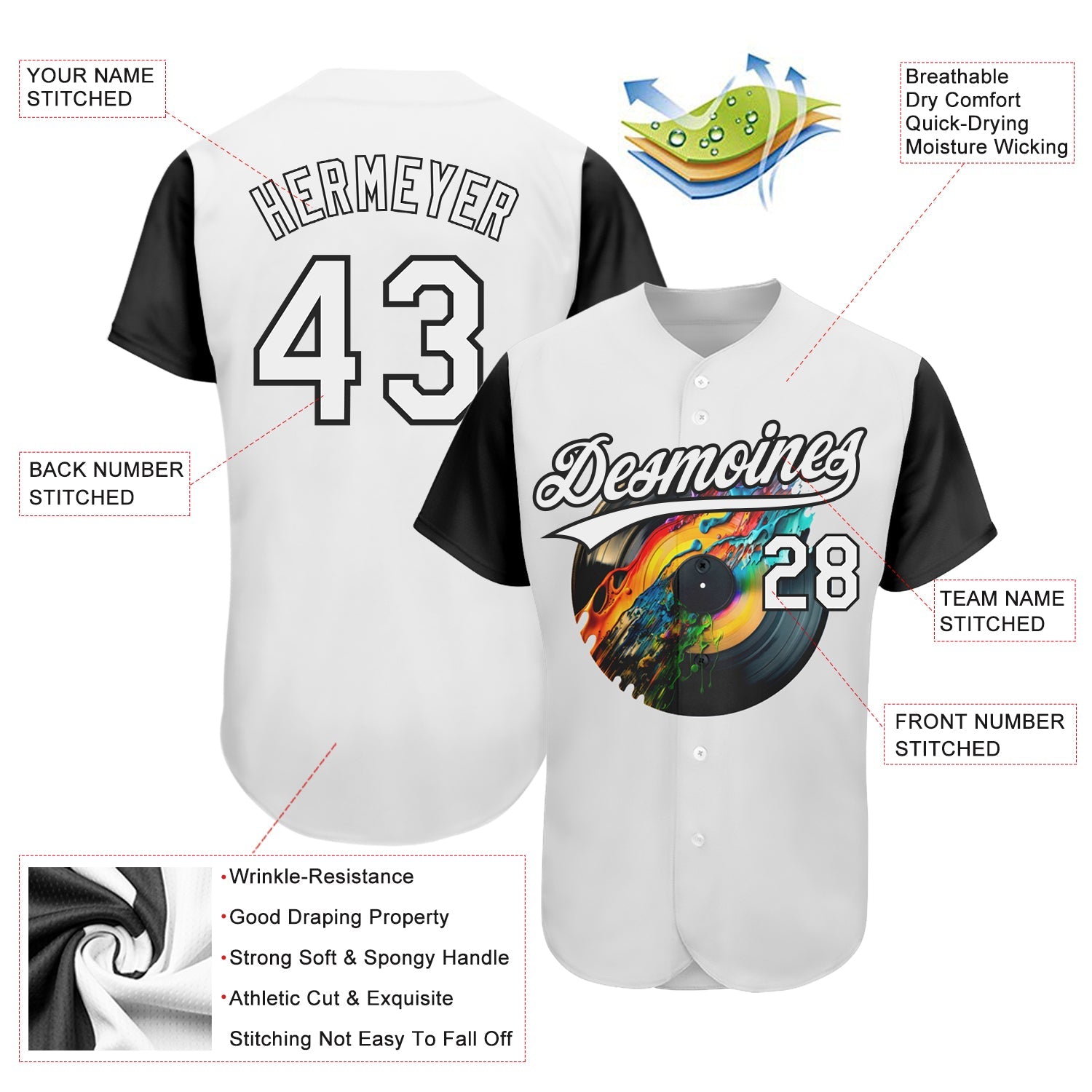 Custom White Black 3D Pattern Design Music Festival Record With Colorful Splatter Authentic Baseball Jersey view 3