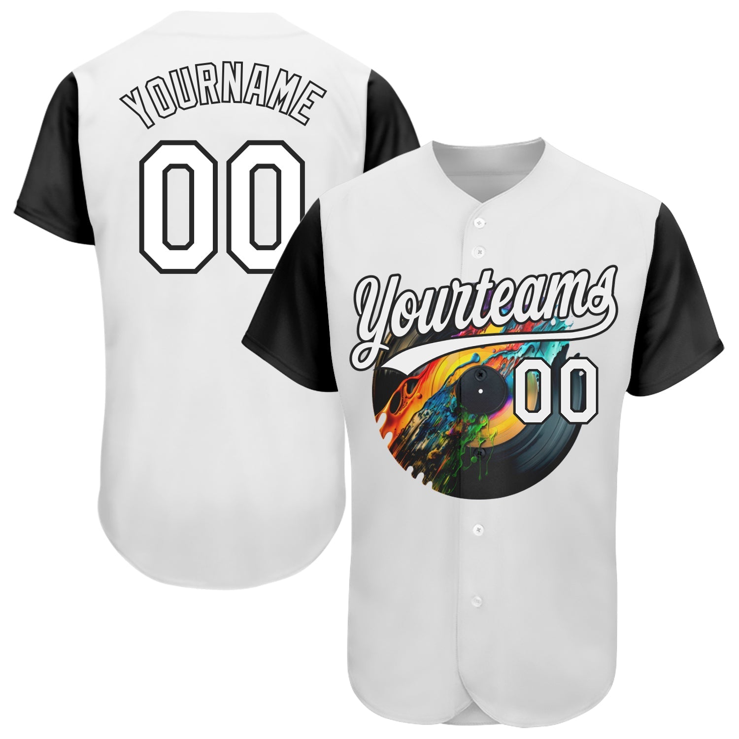 Custom White Black 3D Pattern Design Music Festival Record With Colorful Splatter Authentic Baseball Jersey - Main View