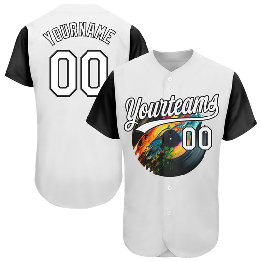 Custom White Black 3D Pattern Design Music Festival Record With Colorful Splatter Authentic Baseball Jersey - Main View