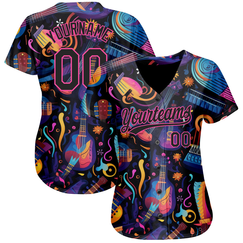 Custom Black Pink 3D Pattern Design Music Festival Musical Instruments Authentic Baseball Jersey view 2