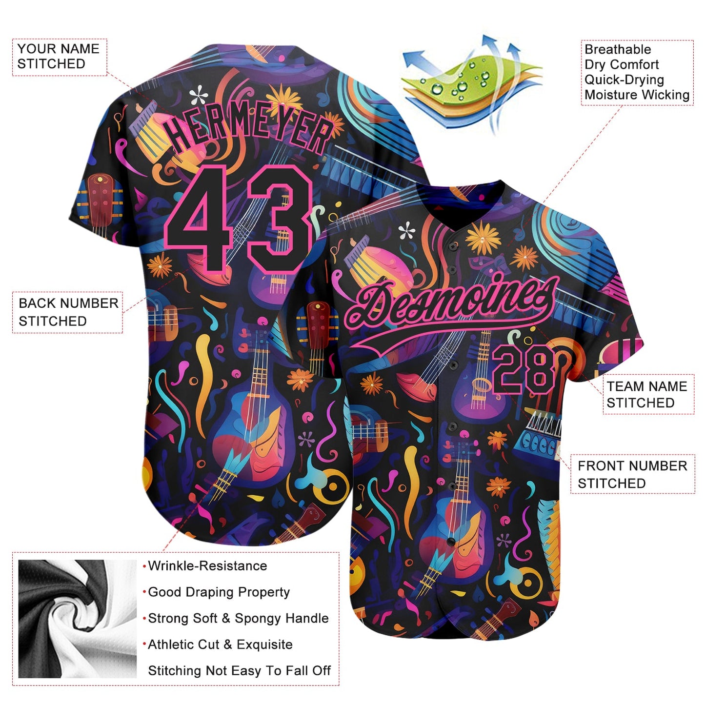 Custom Black Pink 3D Pattern Design Music Festival Musical Instruments Authentic Baseball Jersey view 3