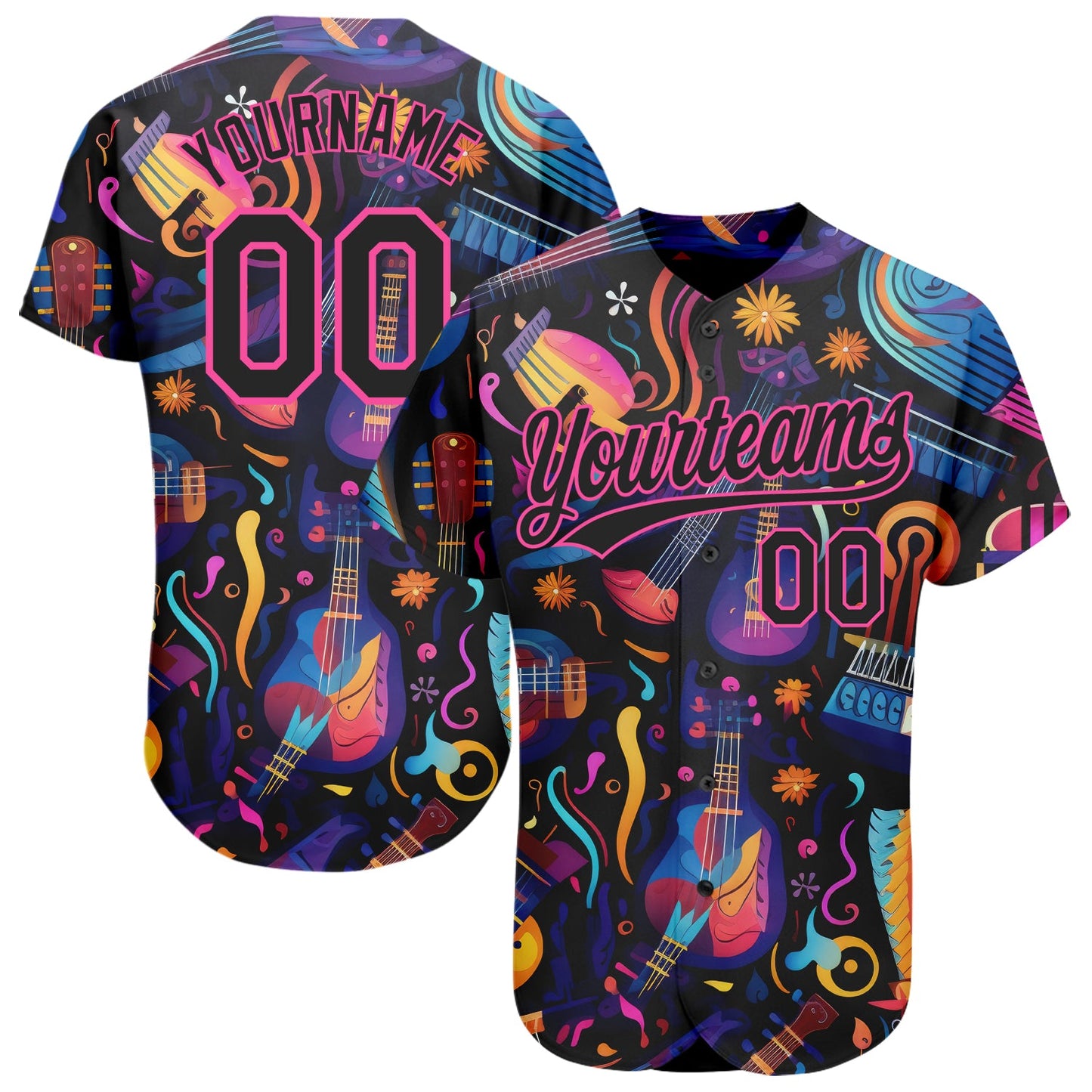 Custom Black Pink 3D Pattern Design Music Festival Musical Instruments Authentic Baseball Jersey - Main View