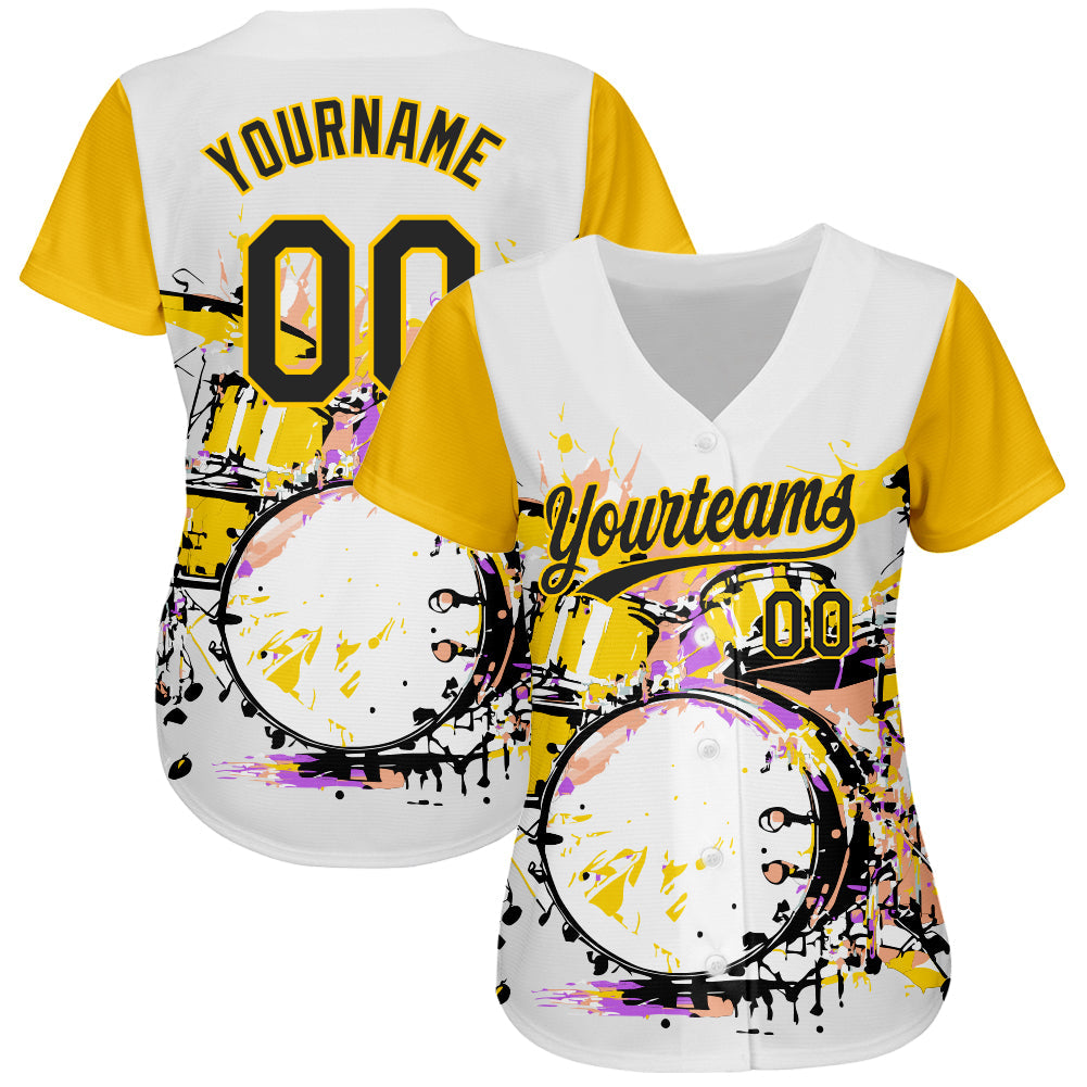 Custom White Black-Yellow 3D Pattern Design Music Festival Abstract Drum Set In Splash Authentic Baseball Jersey view 2
