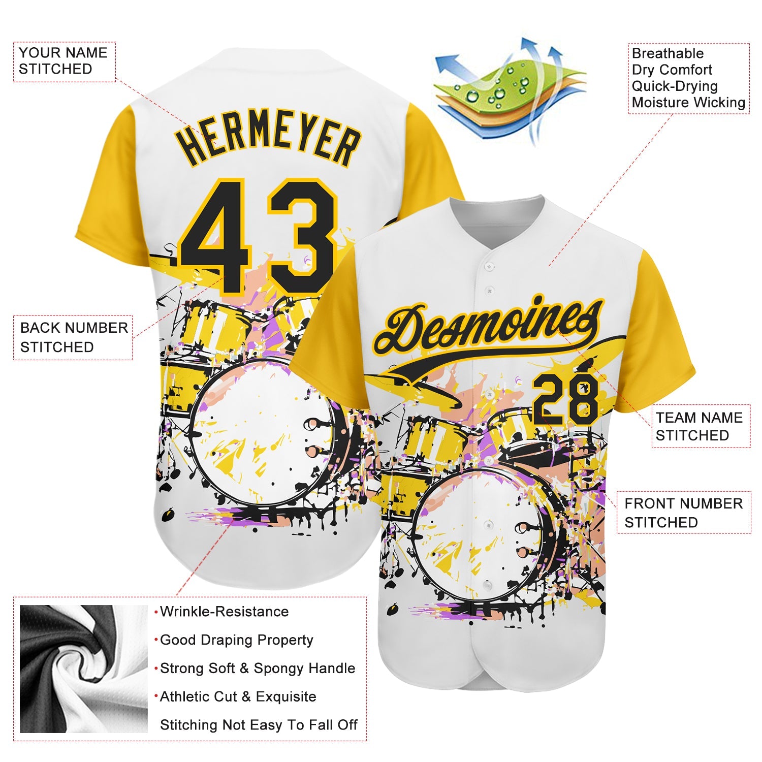 Custom White Black-Yellow 3D Pattern Design Music Festival Abstract Drum Set In Splash Authentic Baseball Jersey view 3