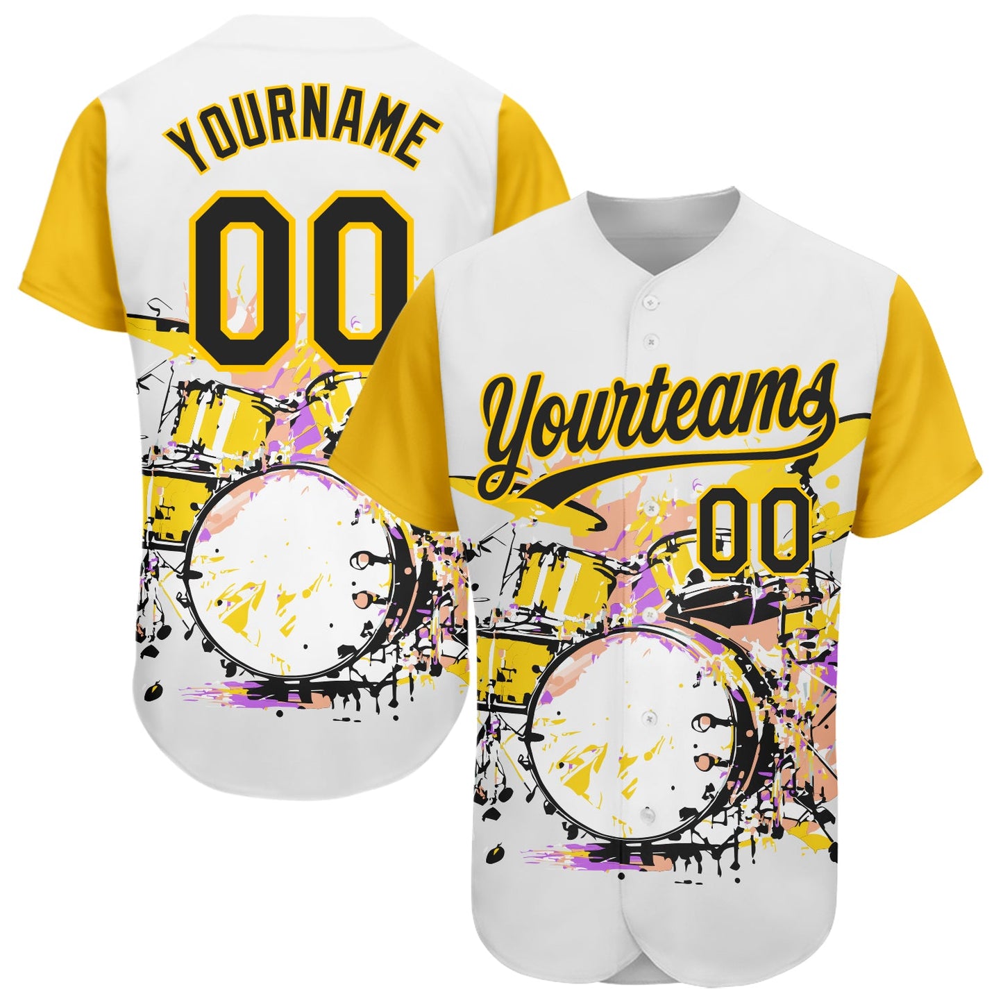 Custom White Black-Yellow 3D Pattern Design Music Festival Abstract Drum Set In Splash Authentic Baseball Jersey - Main View