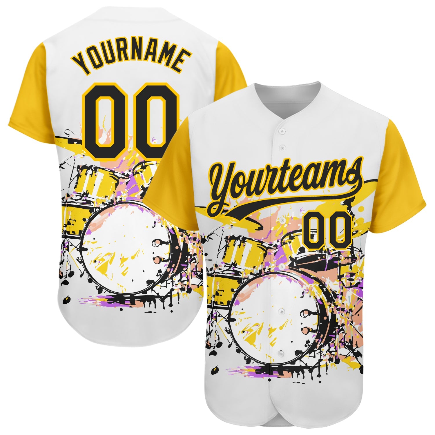 Custom White Black-Yellow 3D Pattern Design Music Festival Abstract Drum Set In Splash Authentic Baseball Jersey - Main View