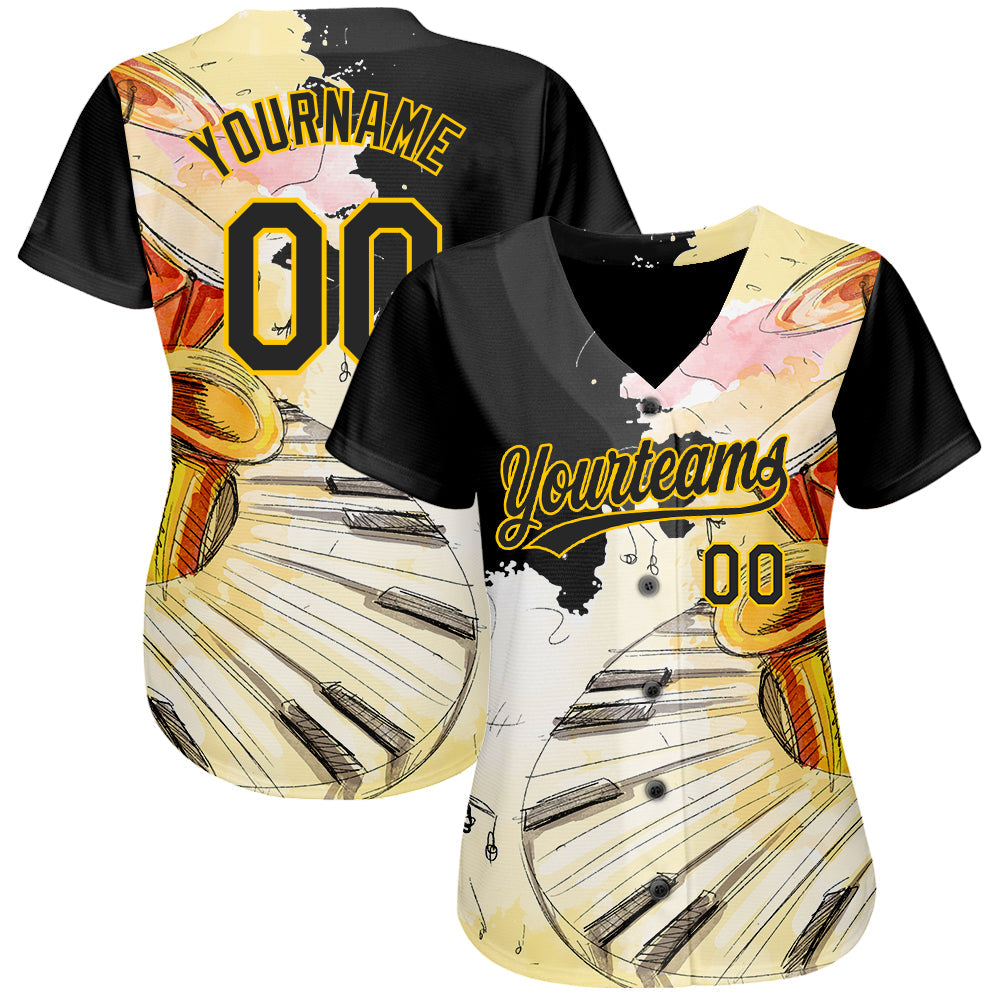 Custom White Black-Yellow 3D Pattern Design Music Festival Watercolor International Jazz Day Authentic Baseball Jersey view 2