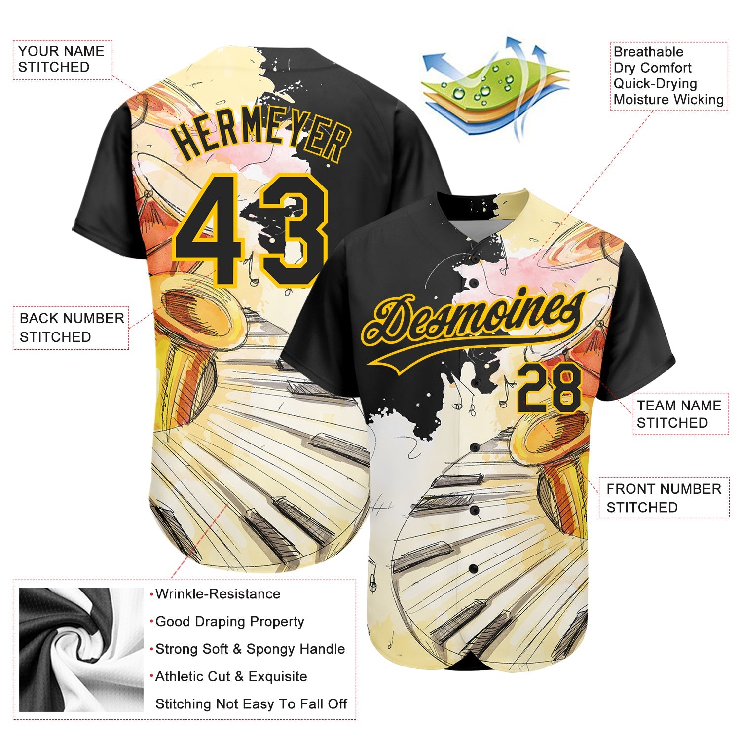 Custom White Black-Yellow 3D Pattern Design Music Festival Watercolor International Jazz Day Authentic Baseball Jersey view 3