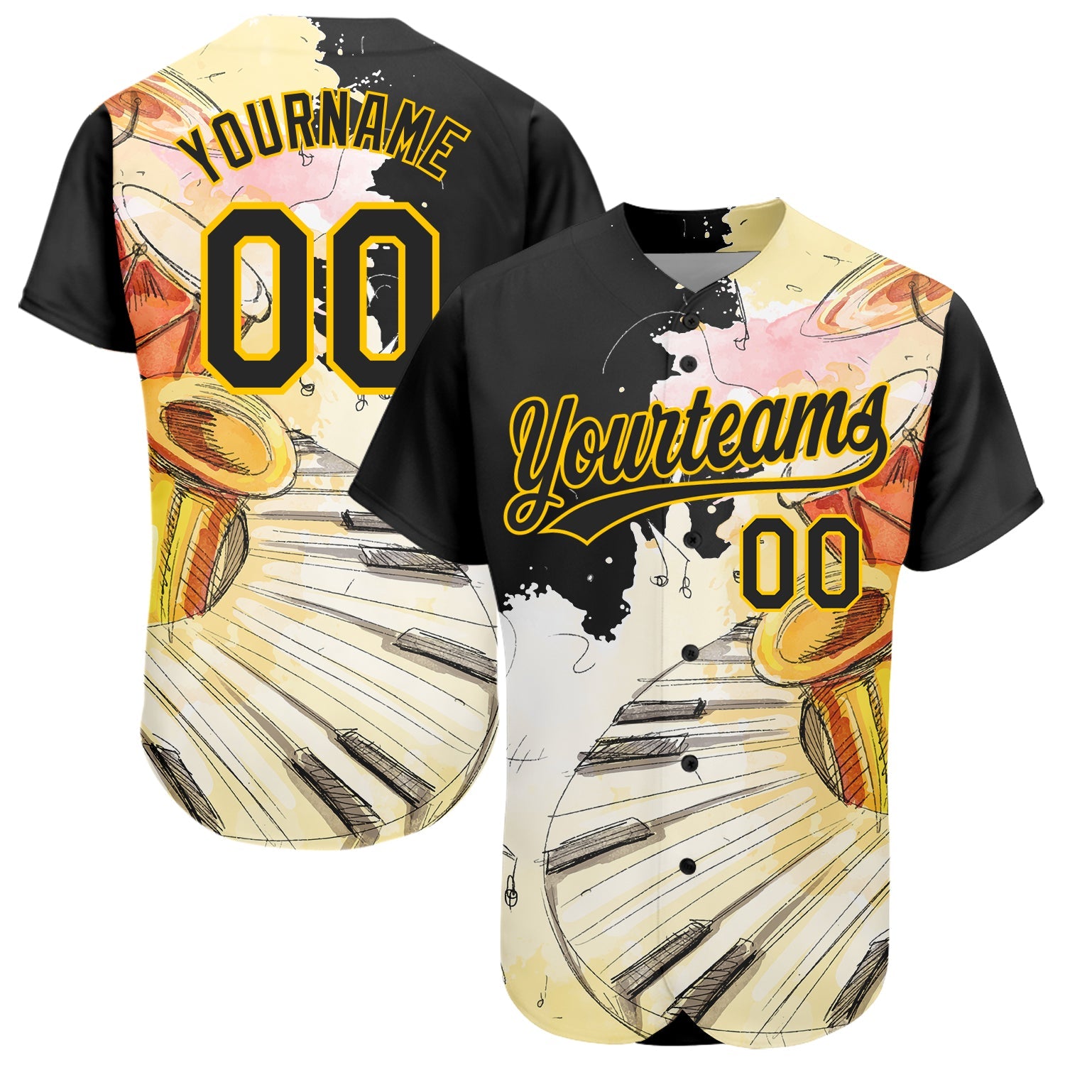Custom White Black-Yellow 3D Pattern Design Music Festival Watercolor International Jazz Day Authentic Baseball Jersey - Main View