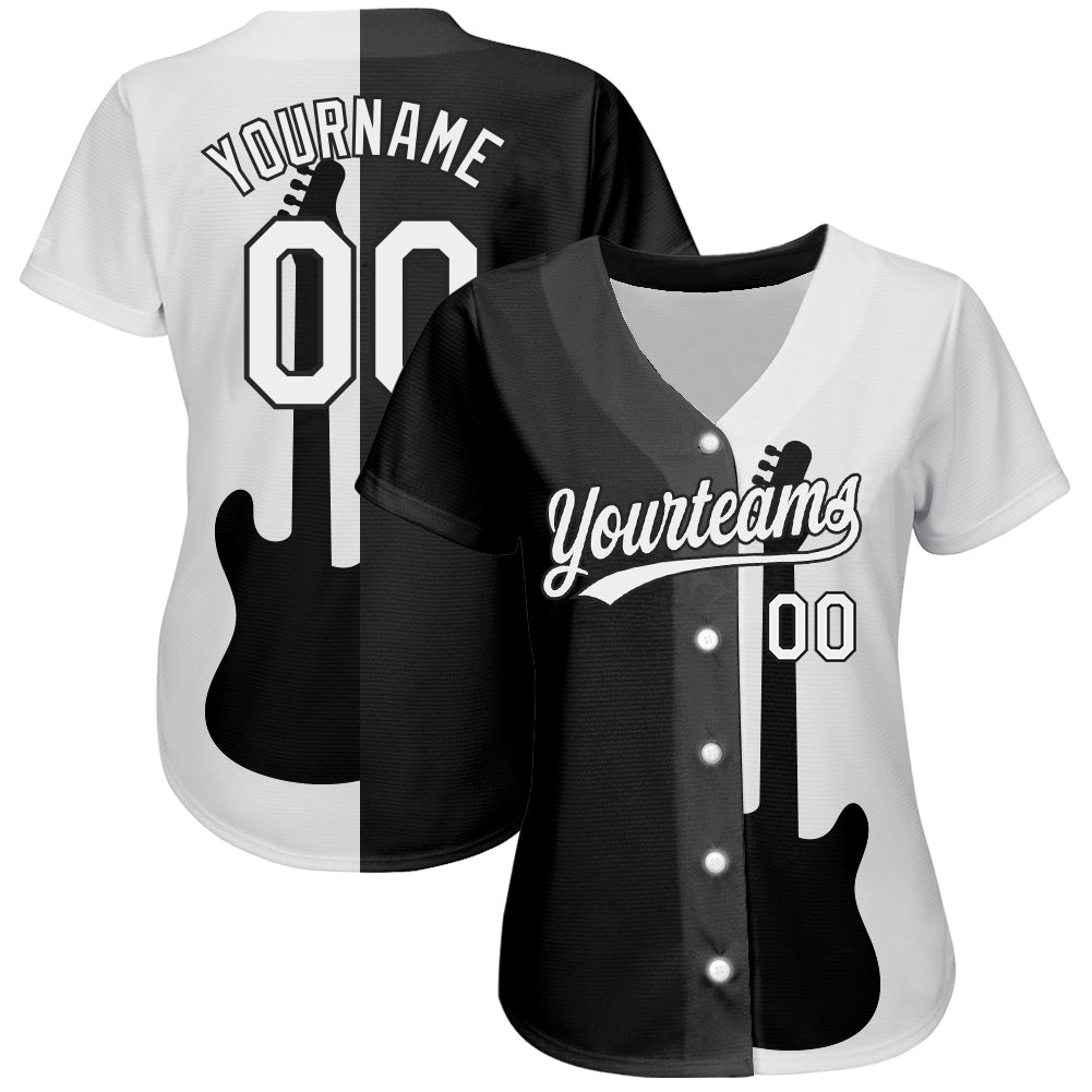 Custom Black White 3D Pattern Design Music Festival Guitar Rock And Roll Authentic Baseball Jersey view 2