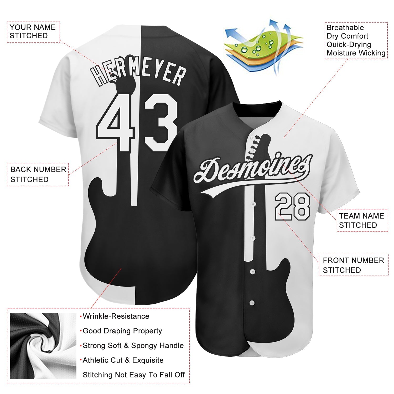 Custom Black White 3D Pattern Design Music Festival Guitar Rock And Roll Authentic Baseball Jersey view 3
