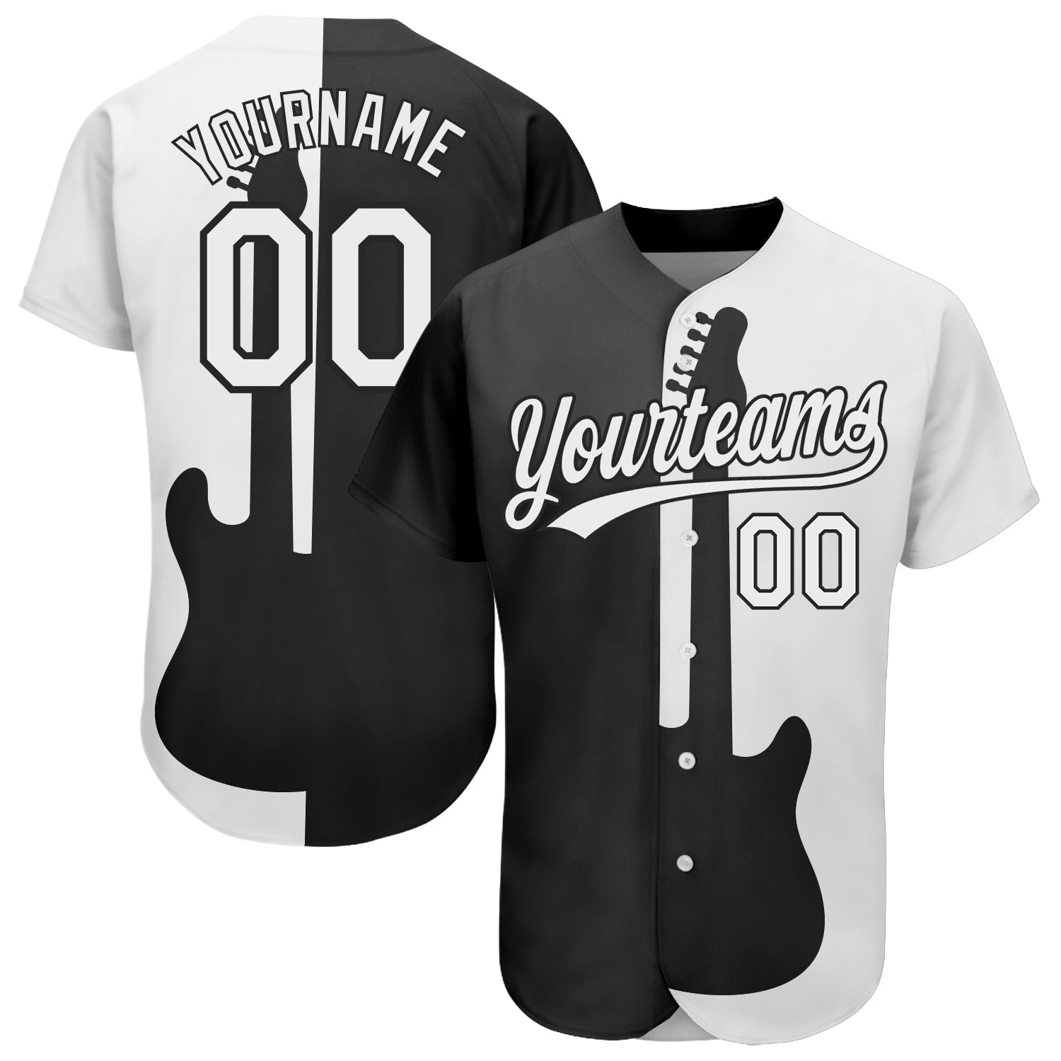Custom Black White 3D Pattern Design Music Festival Guitar Rock And Roll Authentic Baseball Jersey - Main View