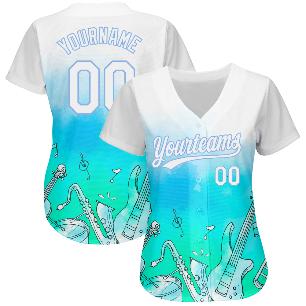 Custom White Light Blue 3D Pattern Design Music Festival Musical Instruments Authentic Baseball Jersey view 2