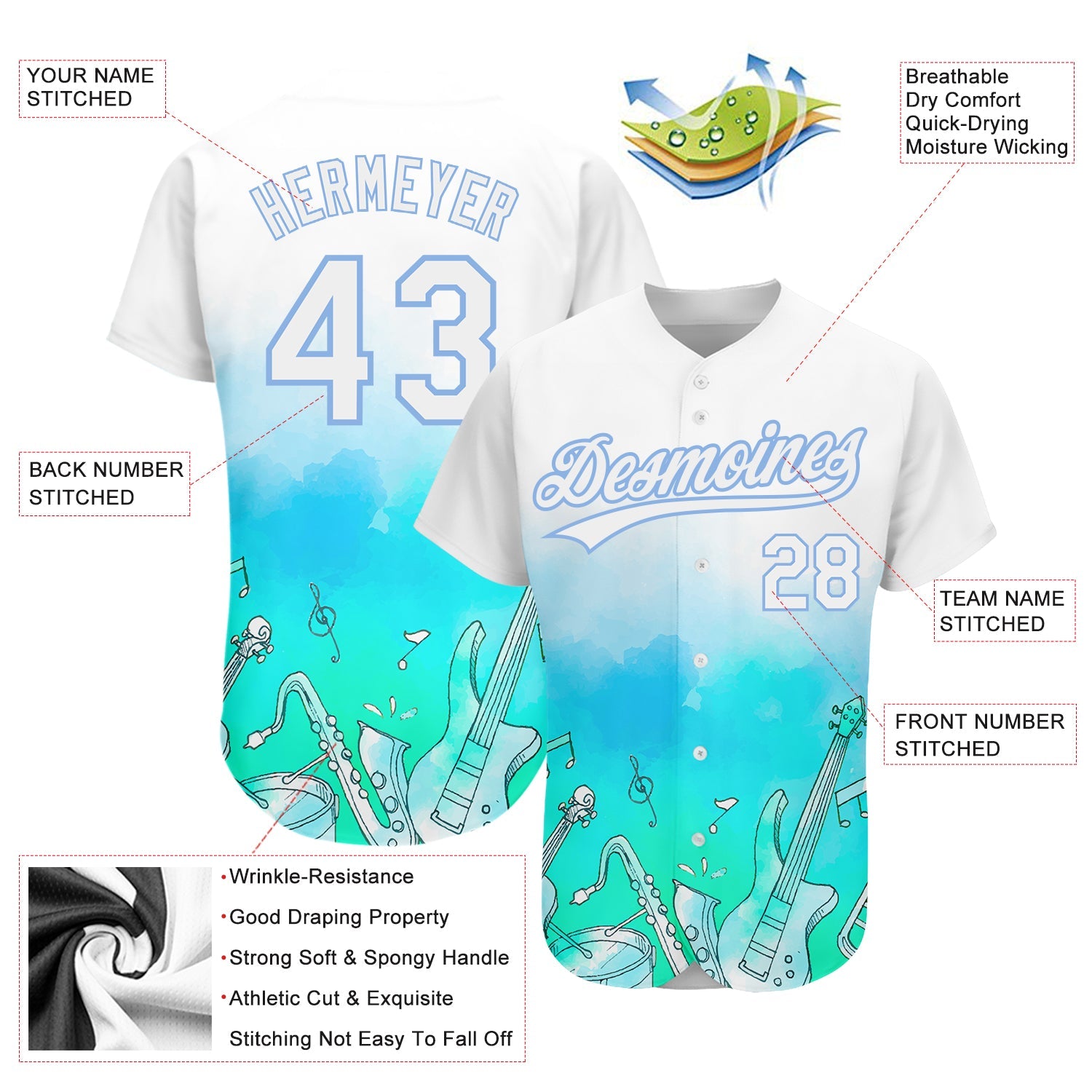 Custom White Light Blue 3D Pattern Design Music Festival Musical Instruments Authentic Baseball Jersey view 3