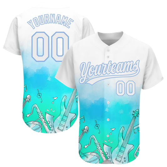 Custom White Light Blue 3D Pattern Design Music Festival Musical Instruments Authentic Baseball Jersey - Main View