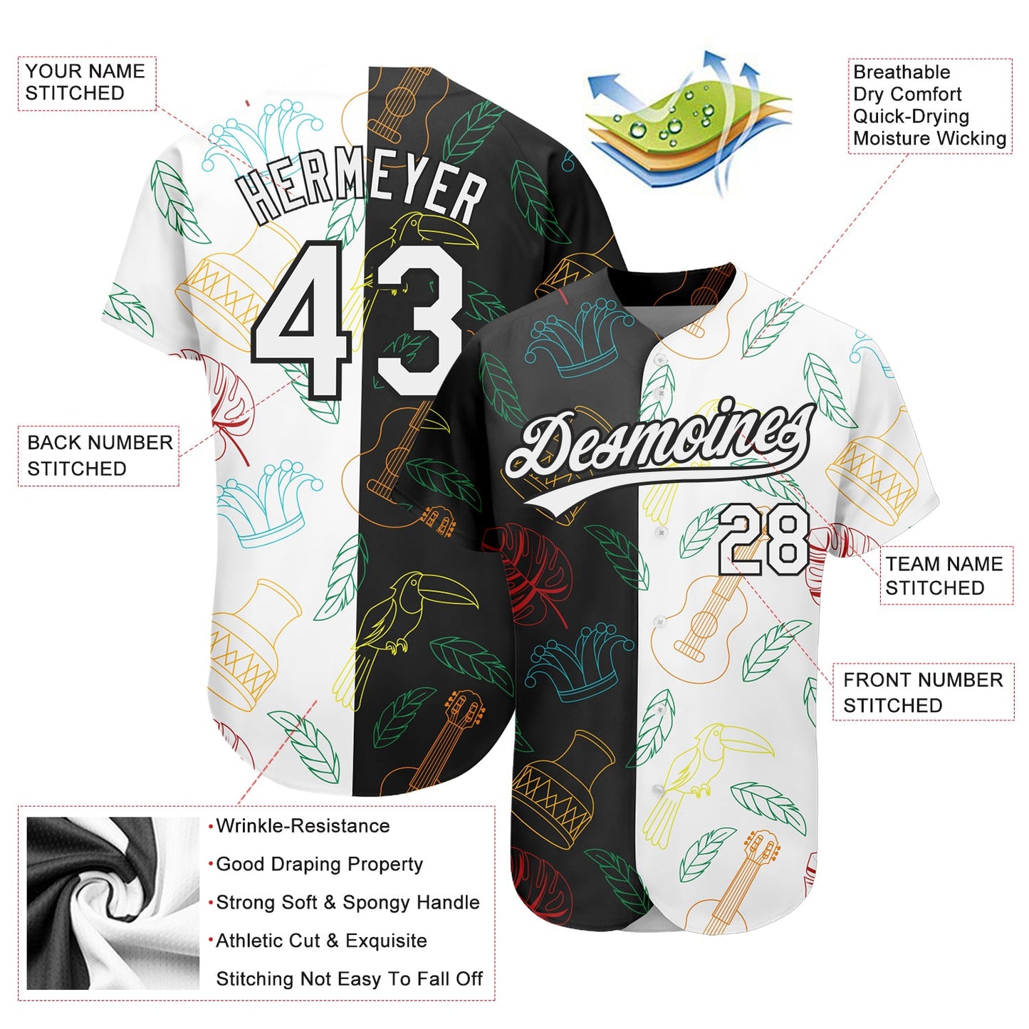 Custom Black White 3D Pattern Design Music Festival Brazilian Carnival Authentic Baseball Jersey view 3
