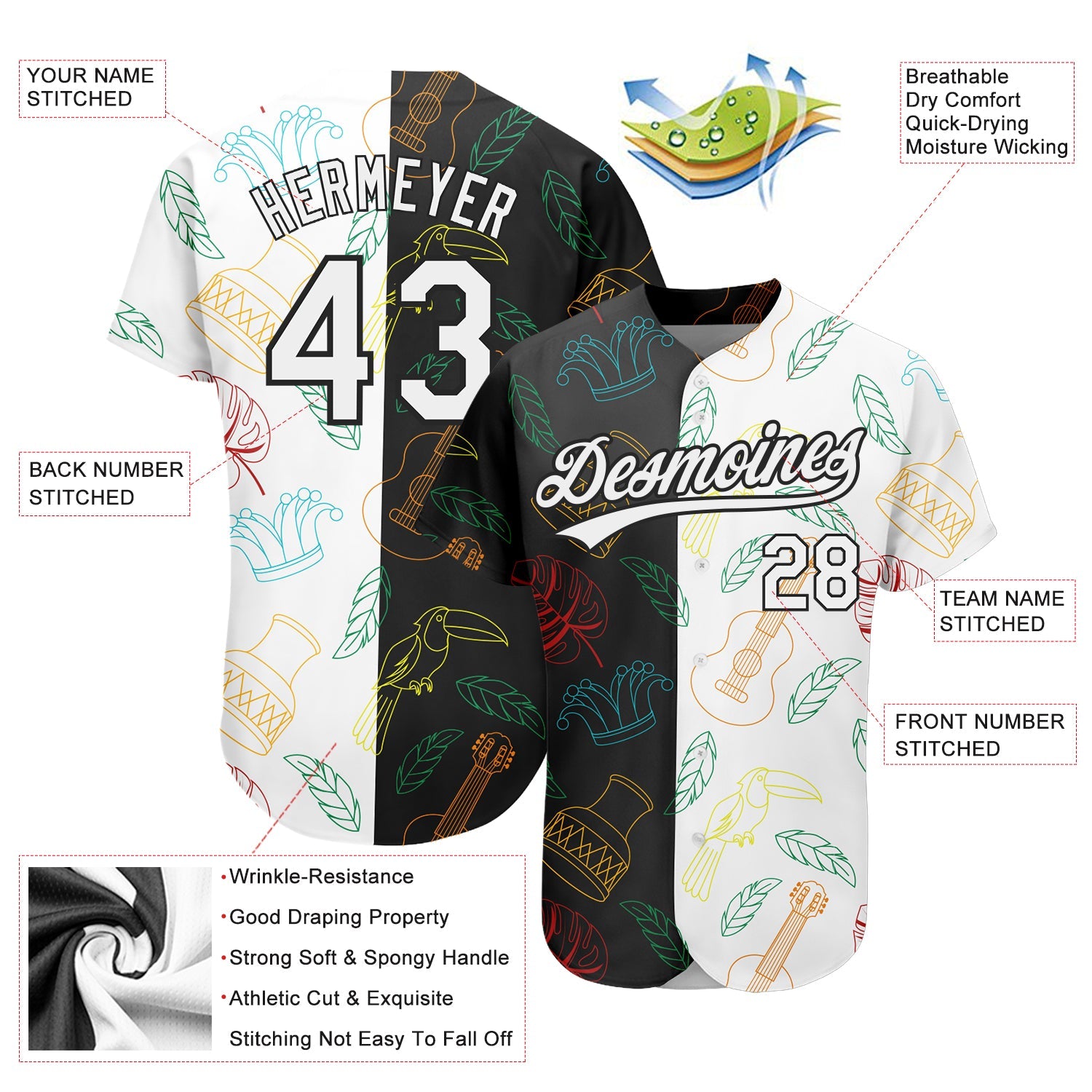 Custom Black White 3D Pattern Design Music Festival Brazilian Carnival Authentic Baseball Jersey view 3