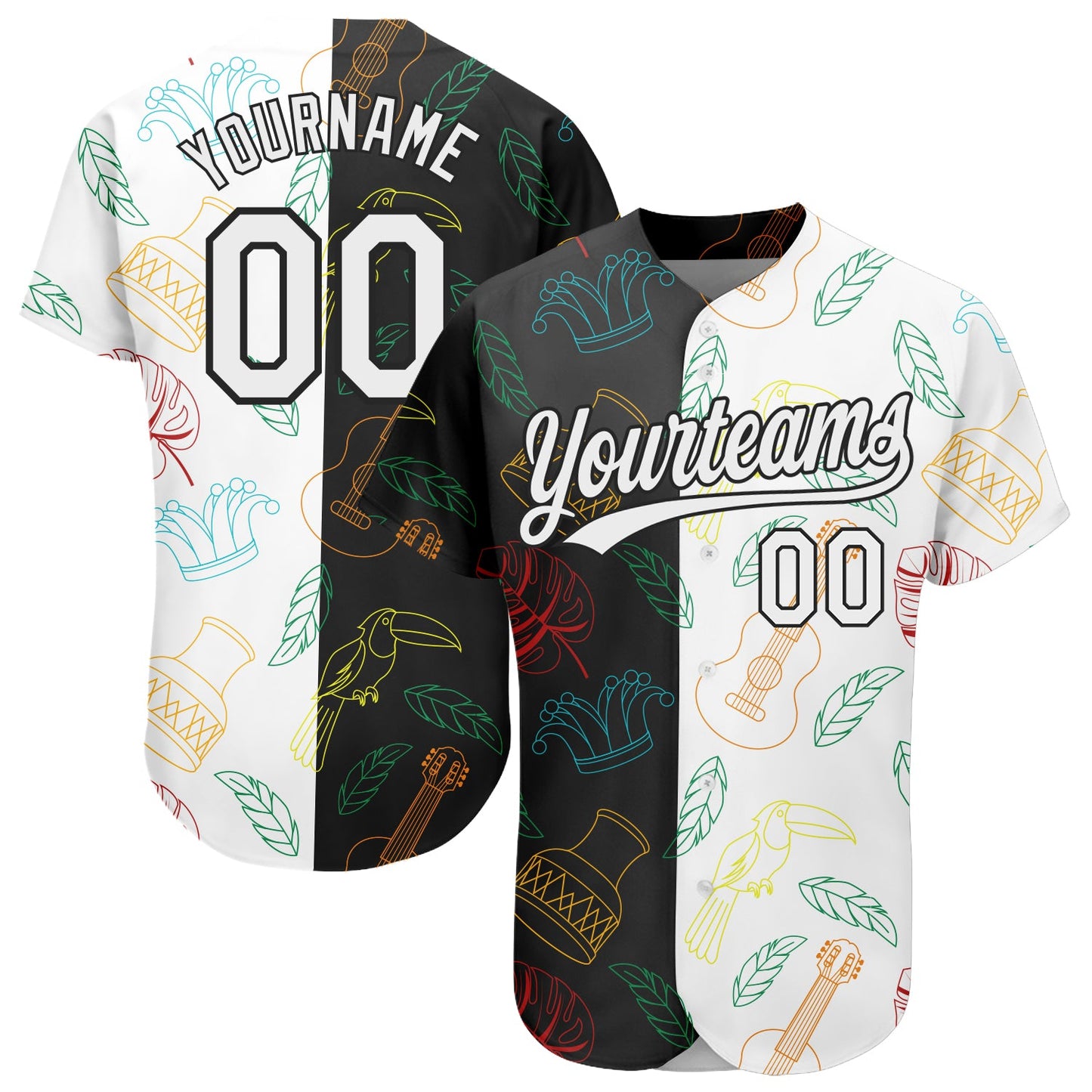 Custom Black White 3D Pattern Design Music Festival Brazilian Carnival Authentic Baseball Jersey - Main View