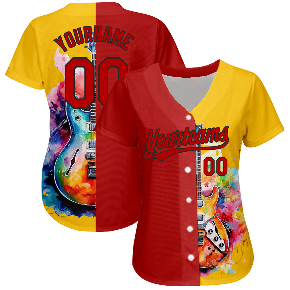 Custom Yellow Red-Black 3D Pattern Design Music Festival Watercolor Guitar Authentic Baseball Jersey view 2