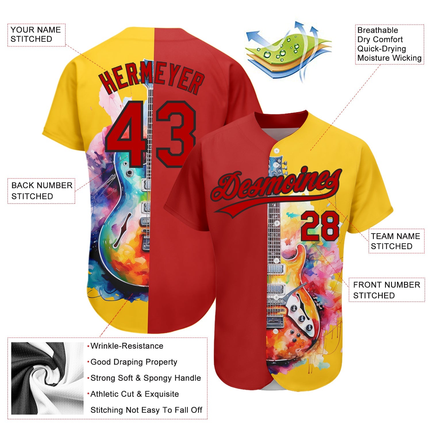 Custom Yellow Red-Black 3D Pattern Design Music Festival Watercolor Guitar Authentic Baseball Jersey view 3