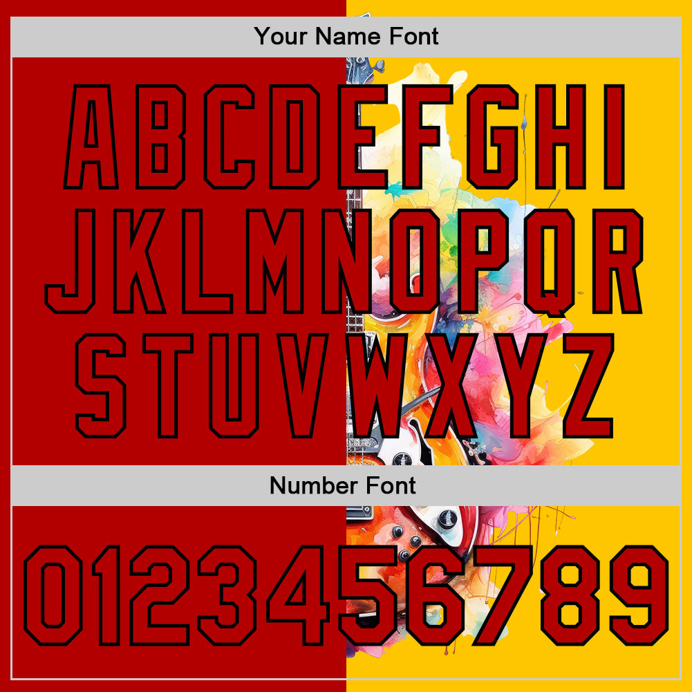 Custom Yellow Red-Black 3D Pattern Design Music Festival Watercolor Guitar Authentic Baseball Jersey view 5