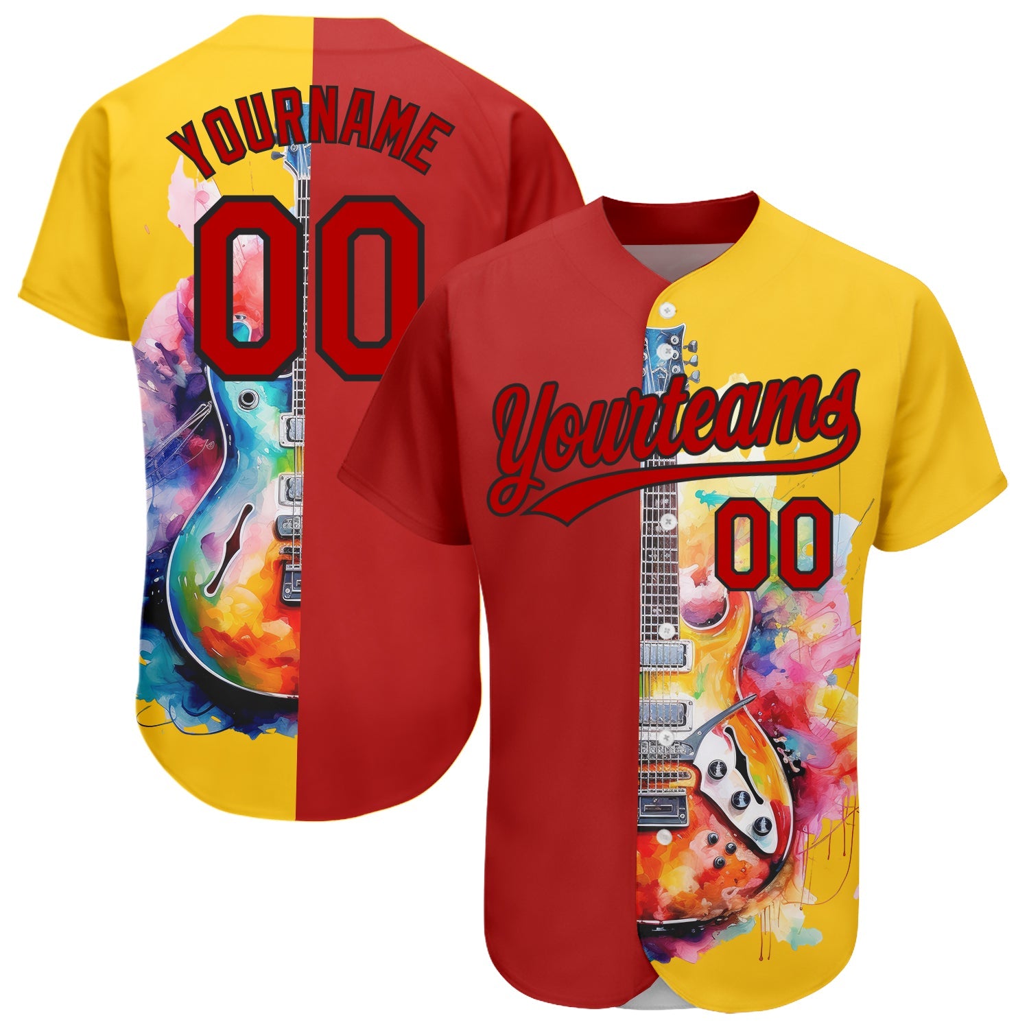 Custom Yellow Red-Black 3D Pattern Design Music Festival Watercolor Guitar Authentic Baseball Jersey - Main View
