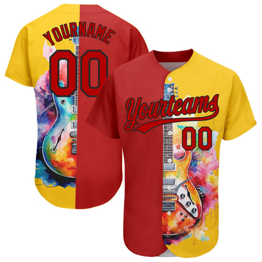 Custom Yellow Red-Black 3D Pattern Design Music Festival Watercolor Guitar Authentic Baseball Jersey - Main View