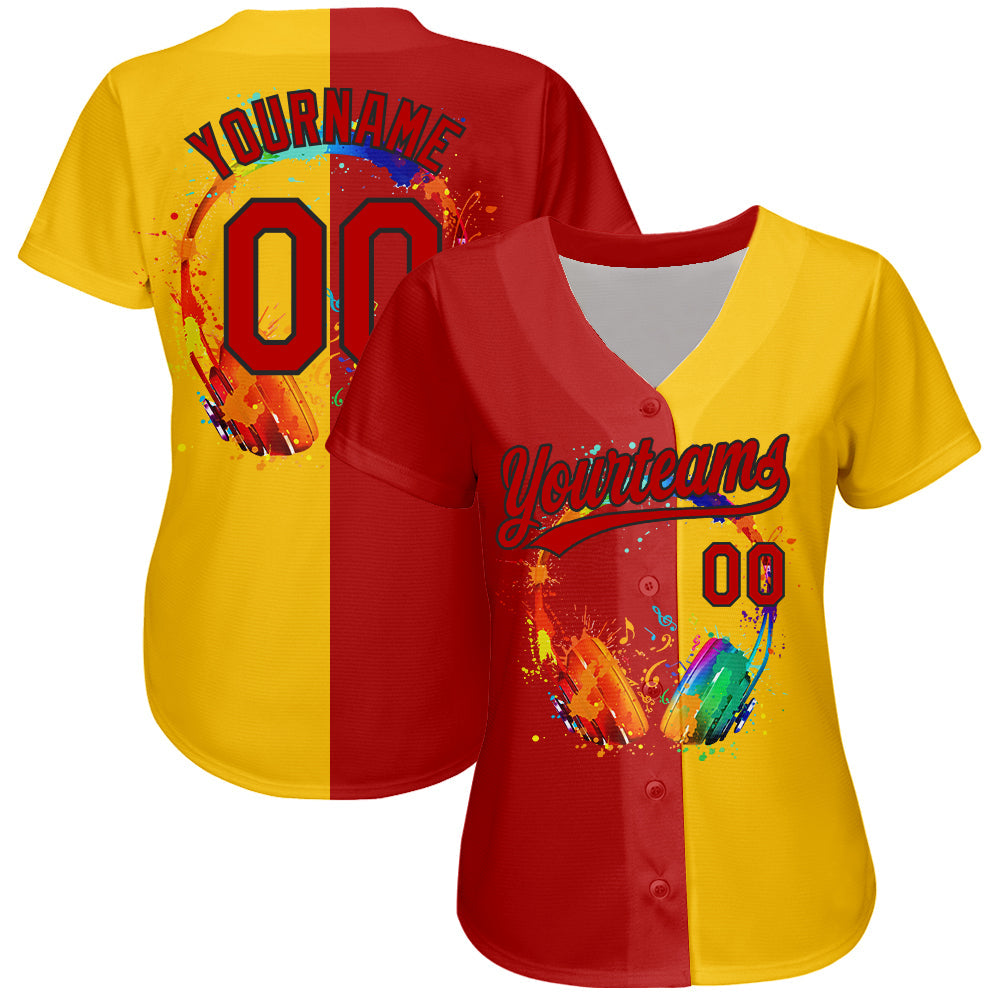 Custom Yellow Red-Black 3D Pattern Design Music Festival Watercolor Headphone With Musical Notes Authentic Baseball Jersey view 2