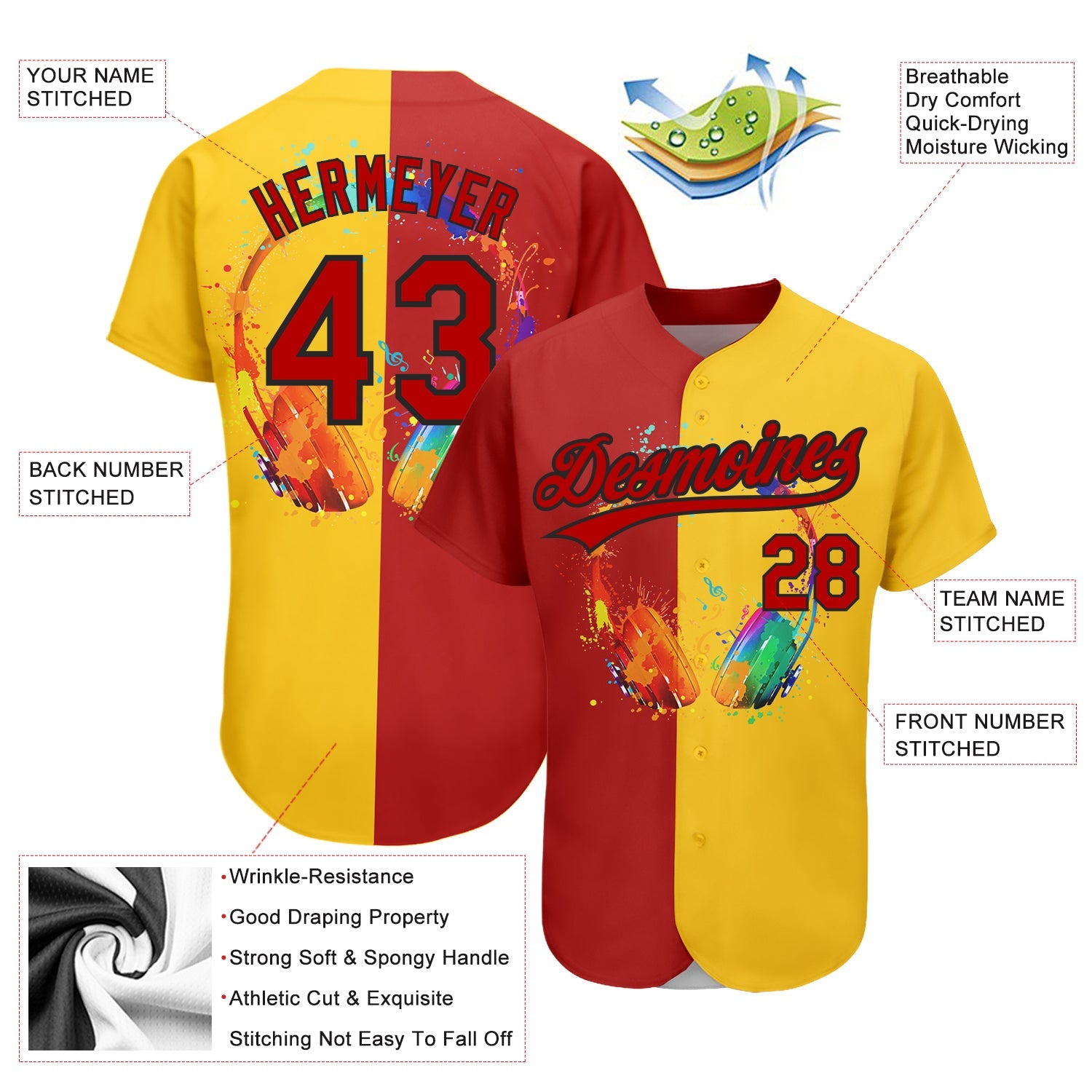Custom Yellow Red-Black 3D Pattern Design Music Festival Watercolor Headphone With Musical Notes Authentic Baseball Jersey view 3