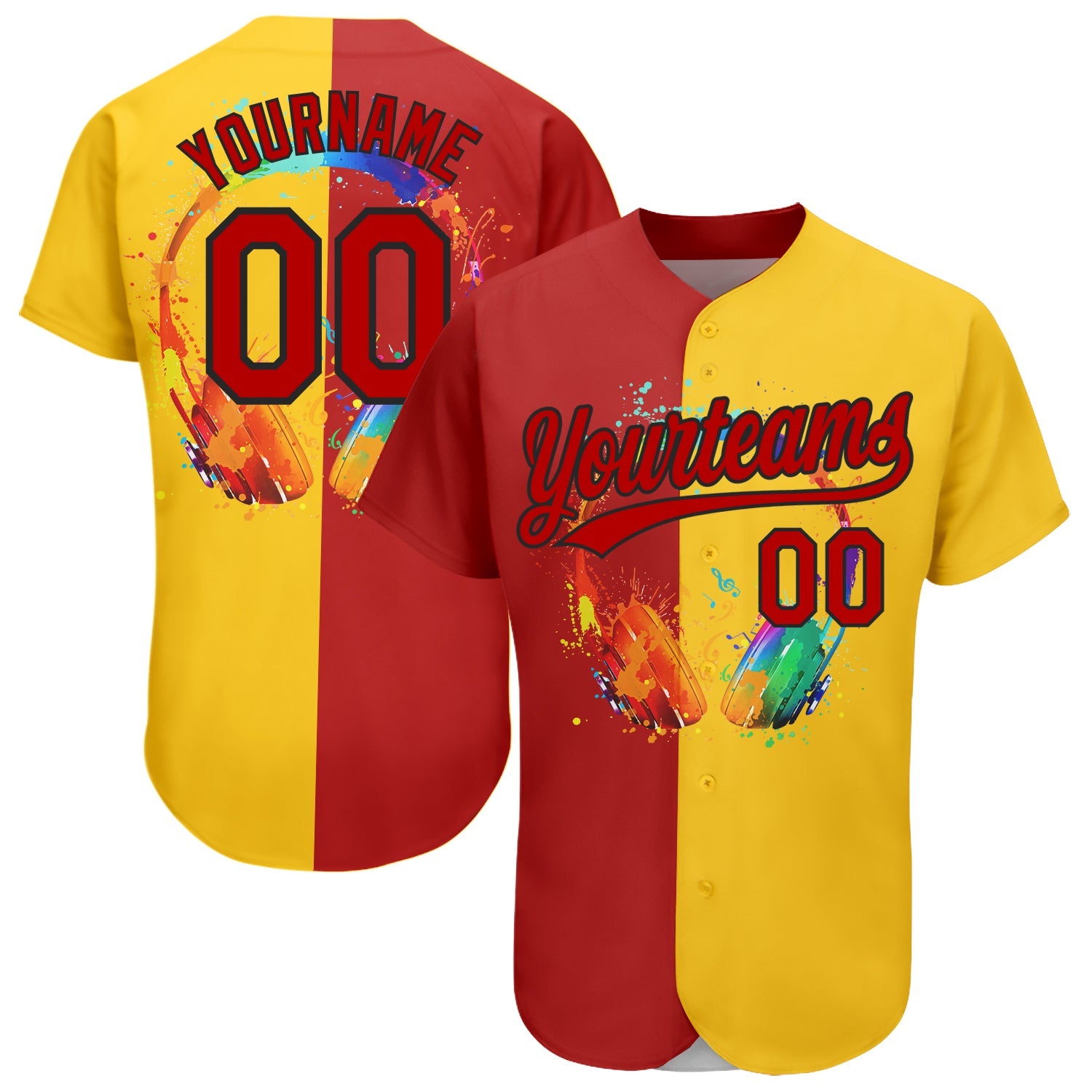 Custom Yellow Red-Black 3D Pattern Design Music Festival Watercolor Headphone With Musical Notes Authentic Baseball Jersey - Main View