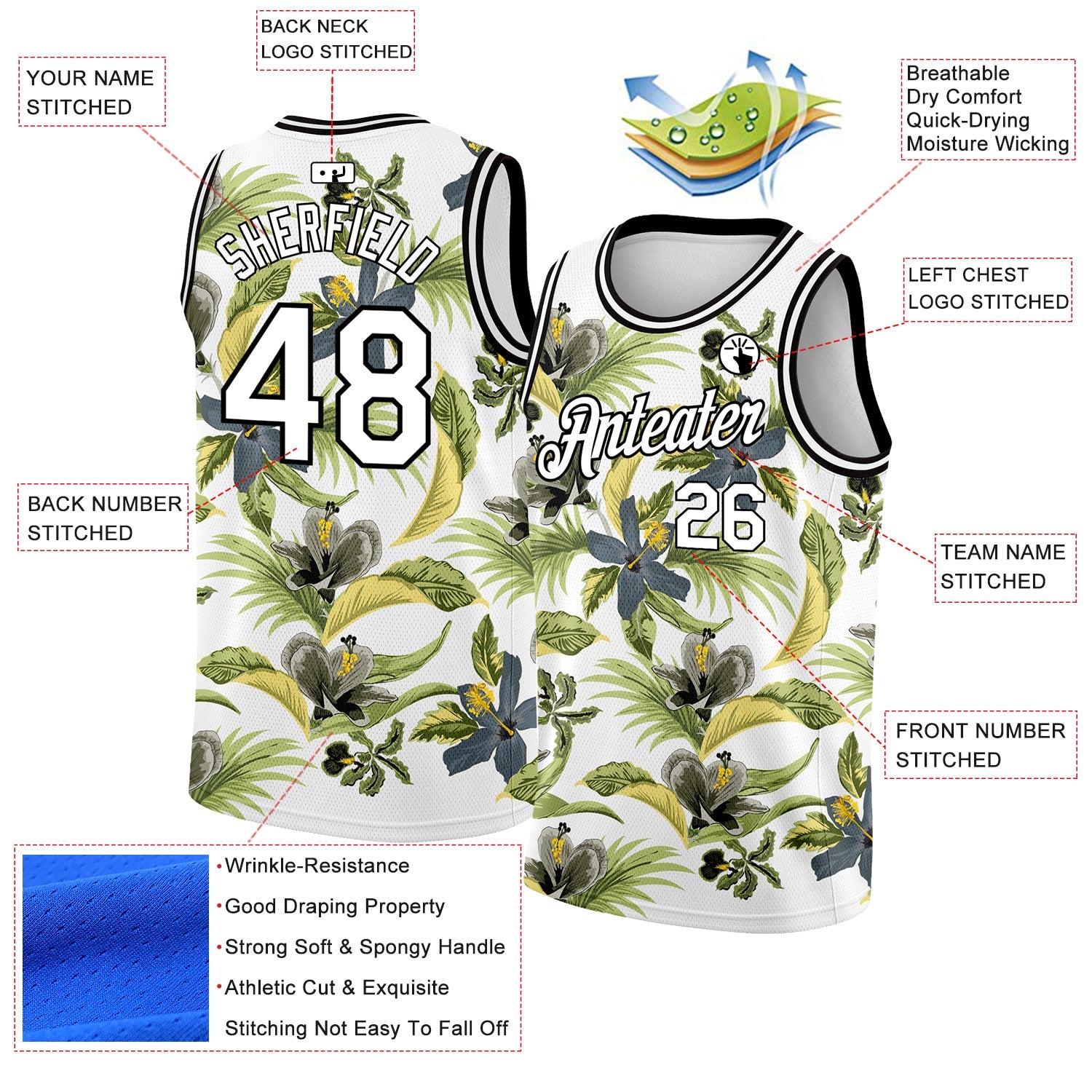 Custom White Black 3D Pattern Tropical Hawaii Plant And Flower Authentic Basketball Jersey view 2