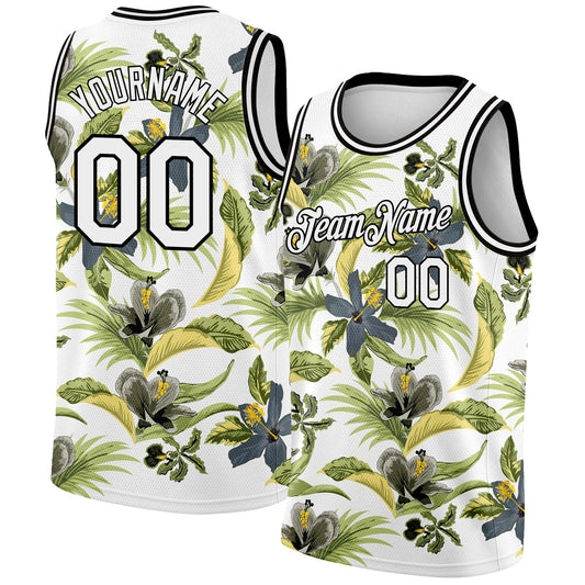 Custom White Black 3D Pattern Tropical Hawaii Plant And Flower Authentic Basketball Jersey - Main View