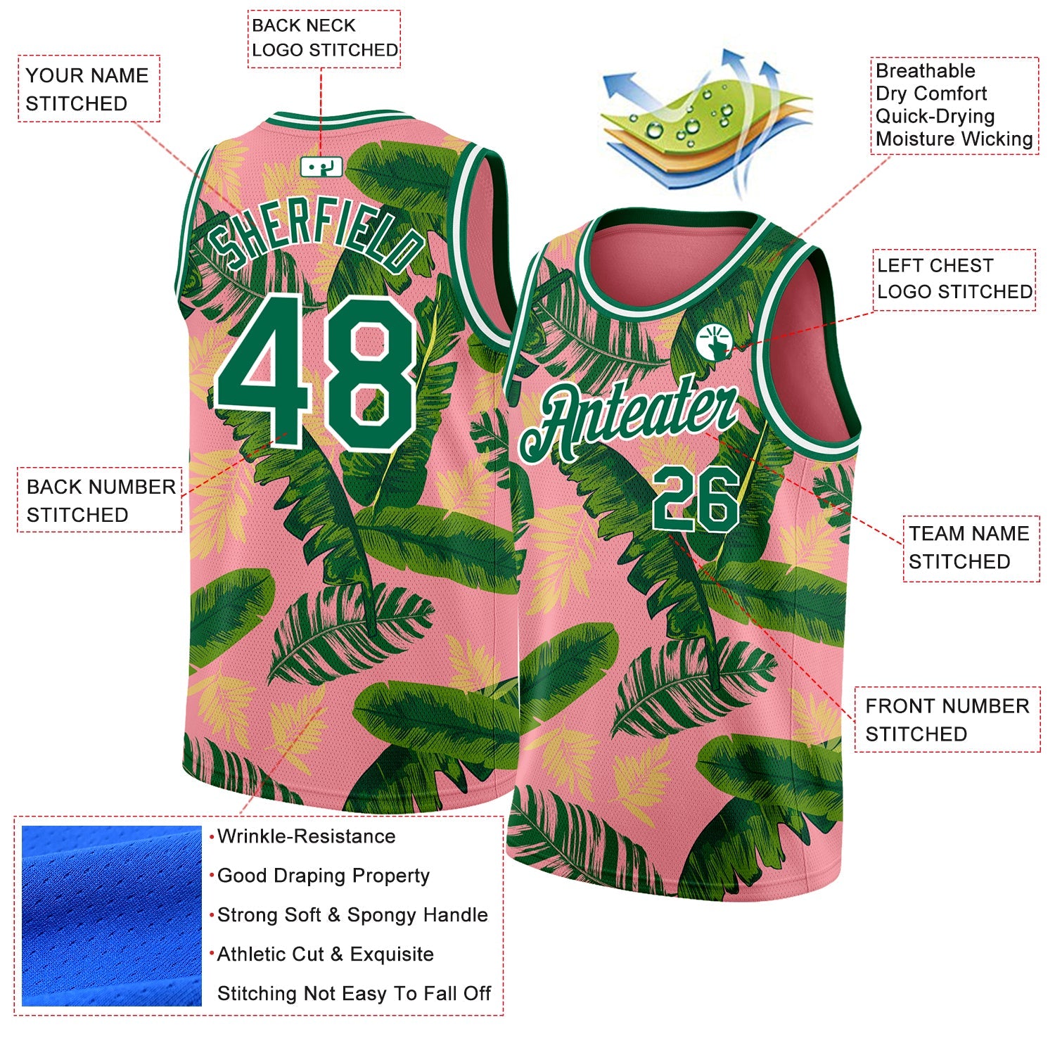 Custom Medium Pink Kelly Green-White 3D Pattern Tropical Hawaii Leaves Authentic Basketball Jersey view 2