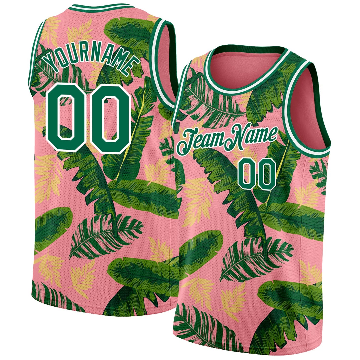 Custom Medium Pink Kelly Green-White 3D Pattern Tropical Hawaii Leaves Authentic Basketball Jersey - Main View