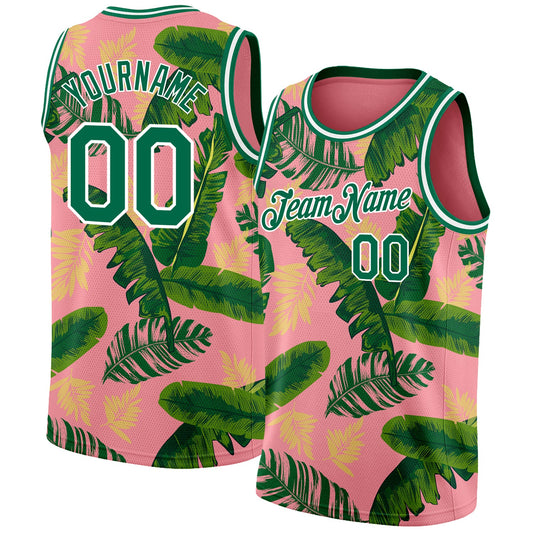 Custom Medium Pink Kelly Green-White 3D Pattern Tropical Hawaii Leaves Authentic Basketball Jersey - Main View