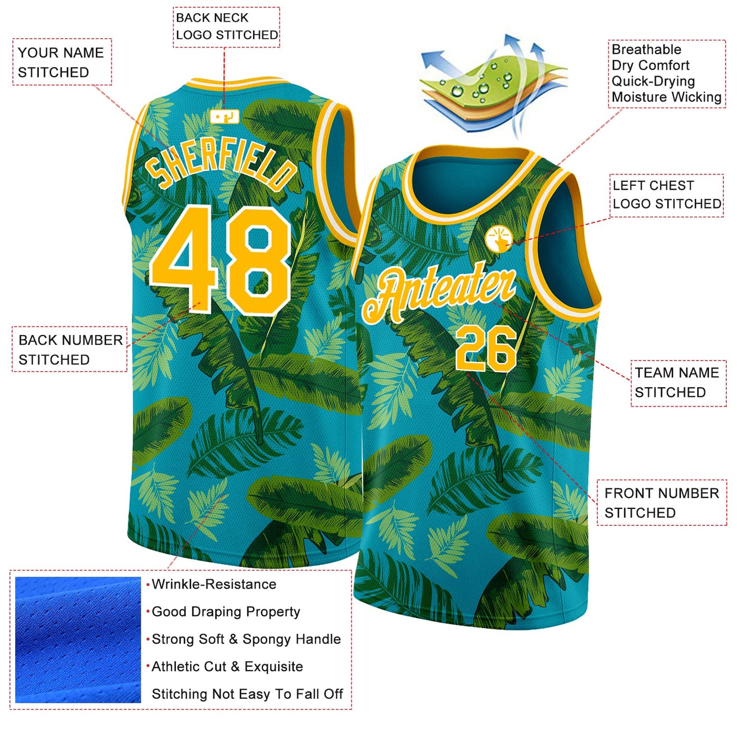 Custom Teal Gold-White 3D Pattern Tropical Hawaii Leaves Authentic Basketball Jersey view 2